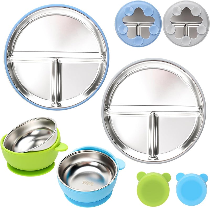 mislili Stainless Steel Baby Plate and Bowls with Suction, Divided Kids Baby Plate and Toddler Bowl with Removable Silicone Suction, Non-Slip Baby Feeding Set Dishwasher Safe，4 Packs - Image 1